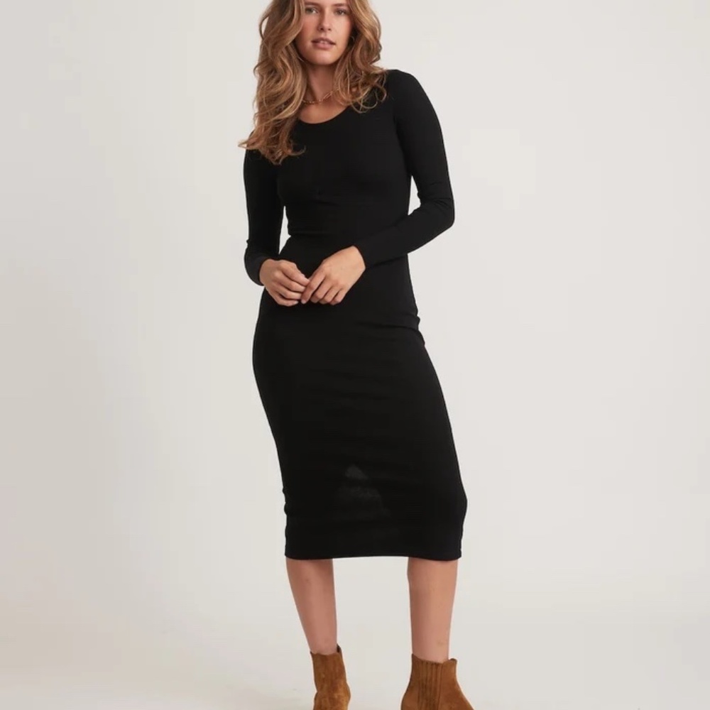 Marine Layer Lexi Rib Long Sleeve Midi Dress in Black (Size S)